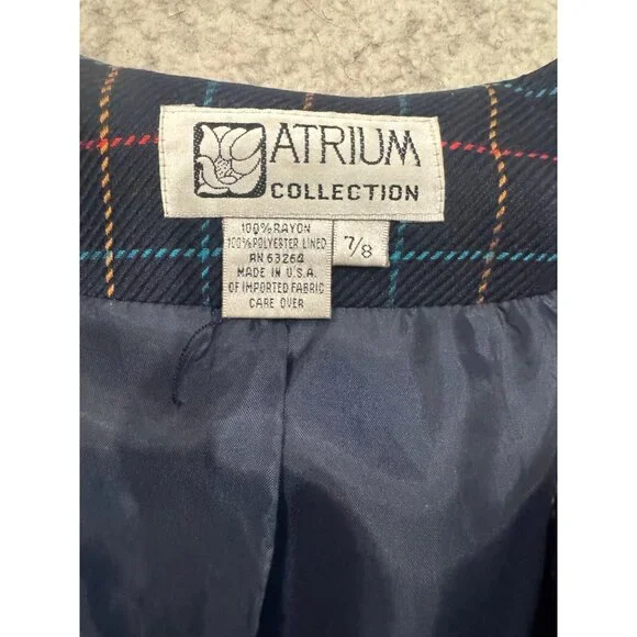 Atrium Collection Womens Plaid Blazer 7/8 Double-Breasted Rayon & Polyester Navy - Picture 4 of 7
